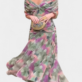 Dolgo Cvečno Obleko z V-Izrezom in Romantičnim Dodatkom