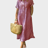 Črtasta Srajčna Obleka z Ovratnikom, Gumbi in Funkcionalnimi Žepi