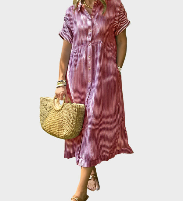 Črtasta Srajčna Obleka z Ovratnikom, Gumbi in Funkcionalnimi Žepi