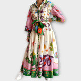 Maxi Obleka z Pasom in Napihnjenimi Rokavi