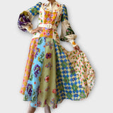 Maxi Obleka z Pasom in Napihnjenimi Rokavi