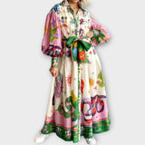 Maxi Obleka z Pasom in Napihnjenimi Rokavi