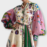 Maxi Obleka z Pasom in Napihnjenimi Rokavi