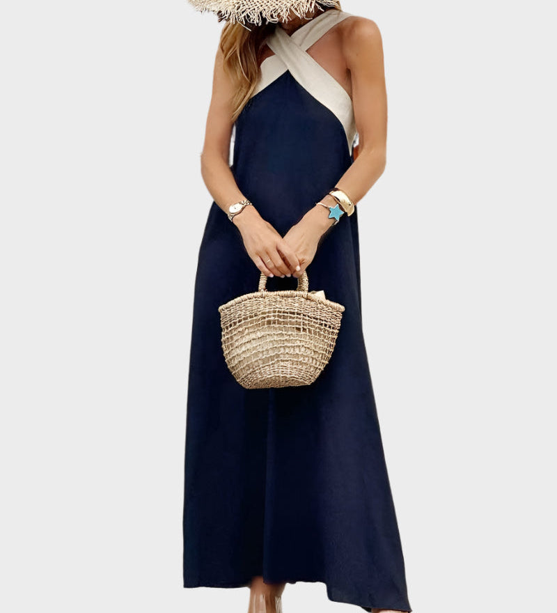 Elegantna obleka z odprtim hrbtom in modernim prečnim ovratnikom