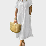 Črtasta Srajčna Obleka z Ovratnikom, Gumbi in Funkcionalnimi Žepi