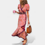 Romantična obleka z pasom in satenskimi volani