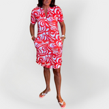 Midi obleka z vzorcem in kratkimi rokavi