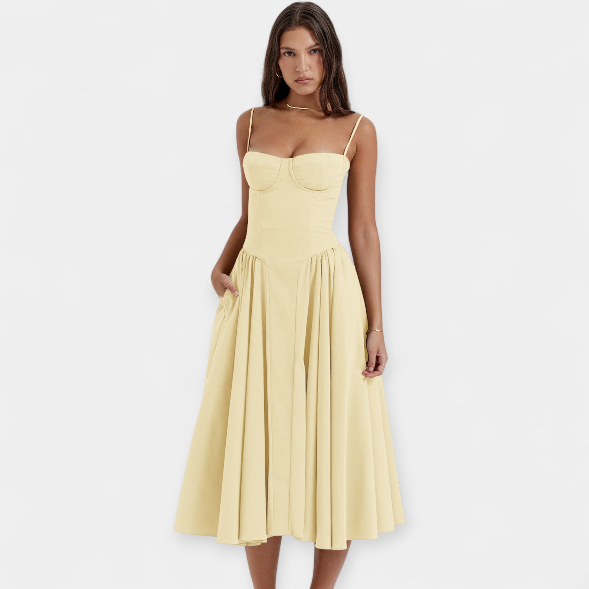 Retro Midi Obleka z Tankimi Naramnicami