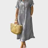 Črtasta Srajčna Obleka z Ovratnikom, Gumbi in Funkcionalnimi Žepi