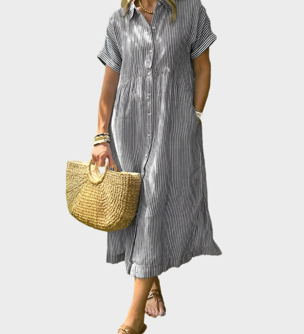 Črtasta Srajčna Obleka z Ovratnikom, Gumbi in Funkcionalnimi Žepi