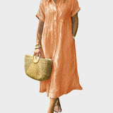 Črtasta Srajčna Obleka z Ovratnikom, Gumbi in Funkcionalnimi Žepi