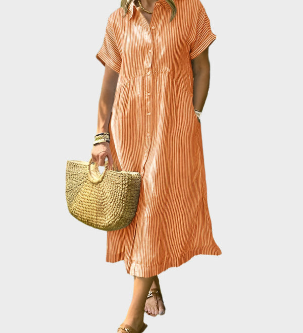 Črtasta Srajčna Obleka z Ovratnikom, Gumbi in Funkcionalnimi Žepi