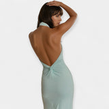 Maksi Obleka z Ovratnikom in Zavezanjem