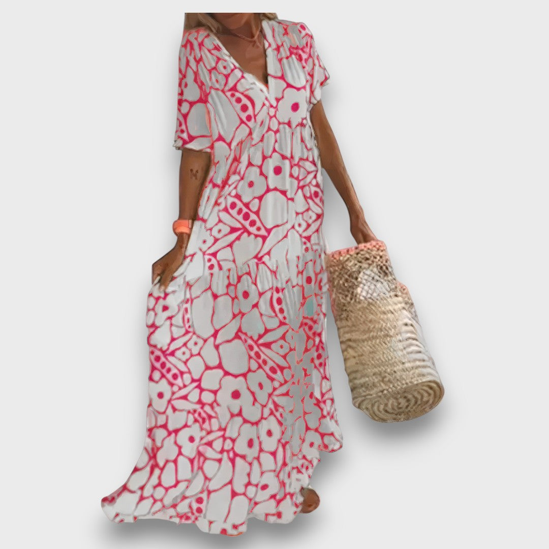 Dolga obleka z cvetličnim vzorcem in gumbi