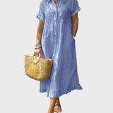 Črtasta Srajčna Obleka z Ovratnikom, Gumbi in Funkcionalnimi Žepi