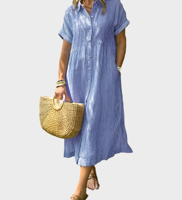 Črtasta Srajčna Obleka z Ovratnikom, Gumbi in Funkcionalnimi Žepi