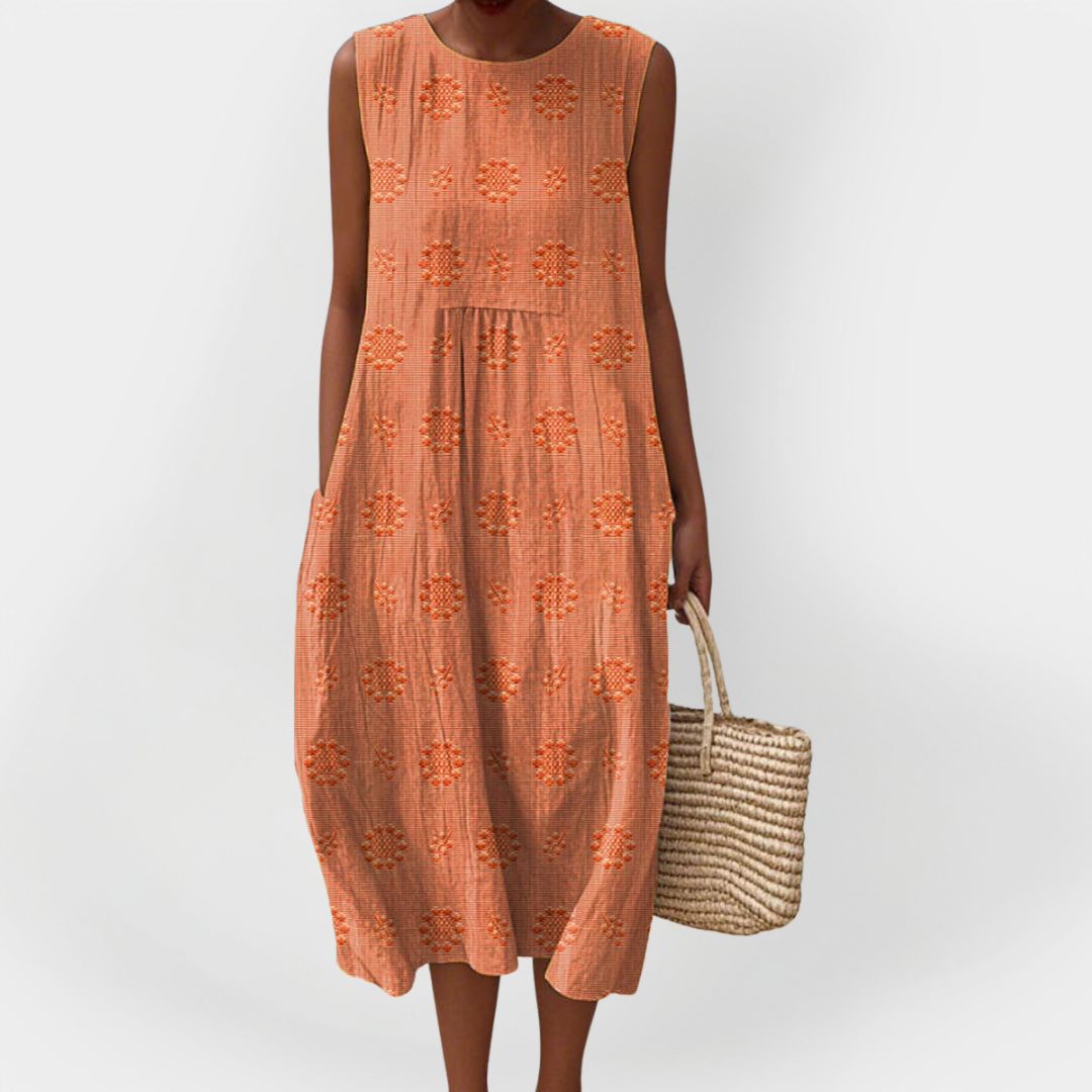 Elegantna brezrokavnik obleka iz bombaža z žepi