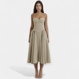 Retro Midi Obleka z Tankimi Naramnicami