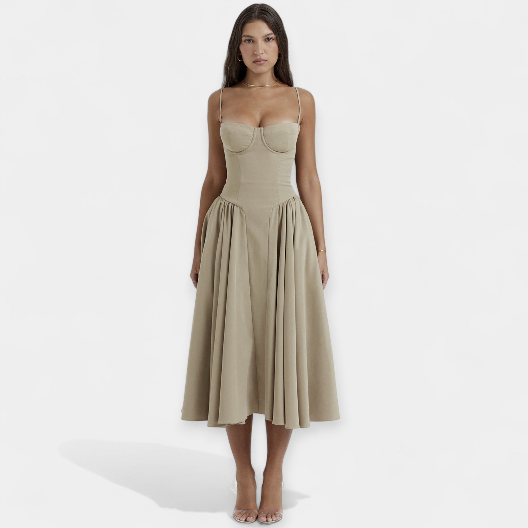 Retro Midi Obleka z Tankimi Naramnicami