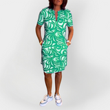 Midi obleka z vzorcem in kratkimi rokavi