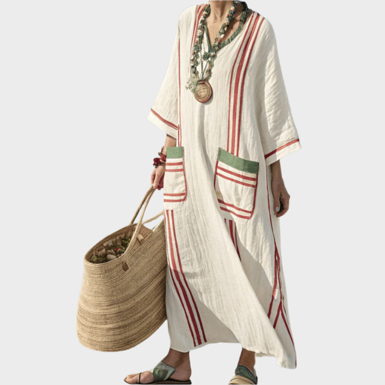 Kaftan z Črtami in Oversized Žepi