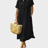 Črtasta Srajčna Obleka z Ovratnikom, Gumbi in Funkcionalnimi Žepi