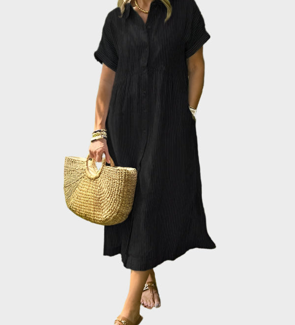 Črtasta Srajčna Obleka z Ovratnikom, Gumbi in Funkcionalnimi Žepi