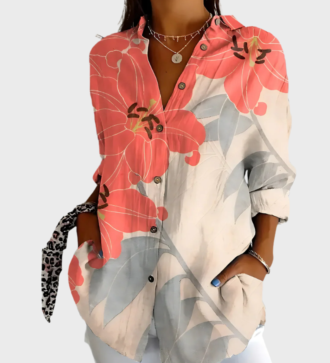 Bombažna Bluzica s Cvećnim Motivi