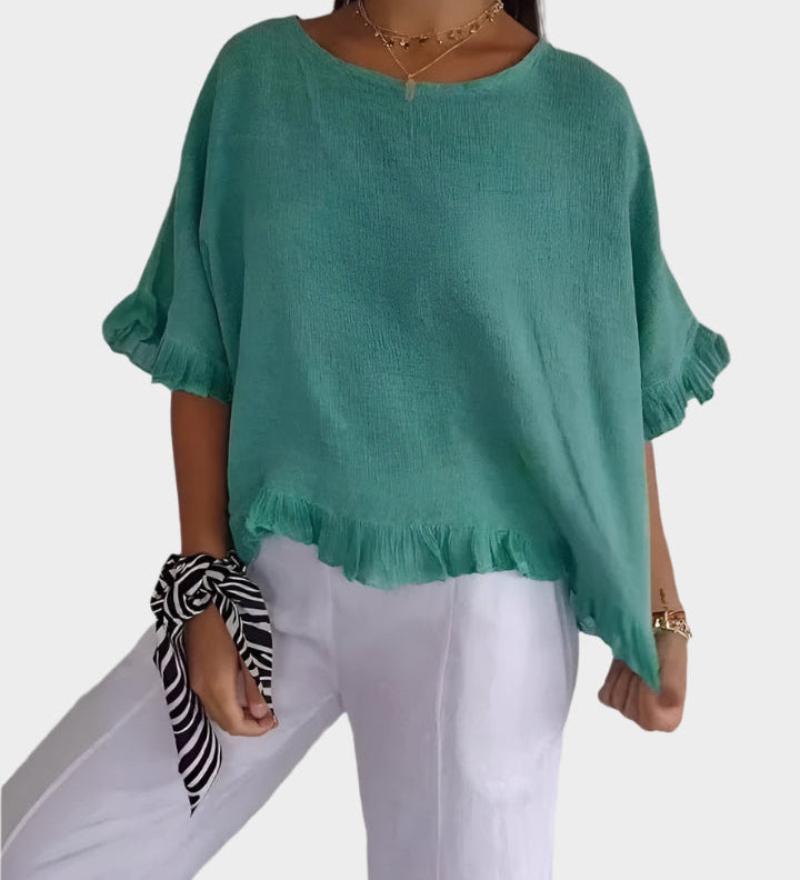 Zračna Lanena Bluza z Šivi in Volančki