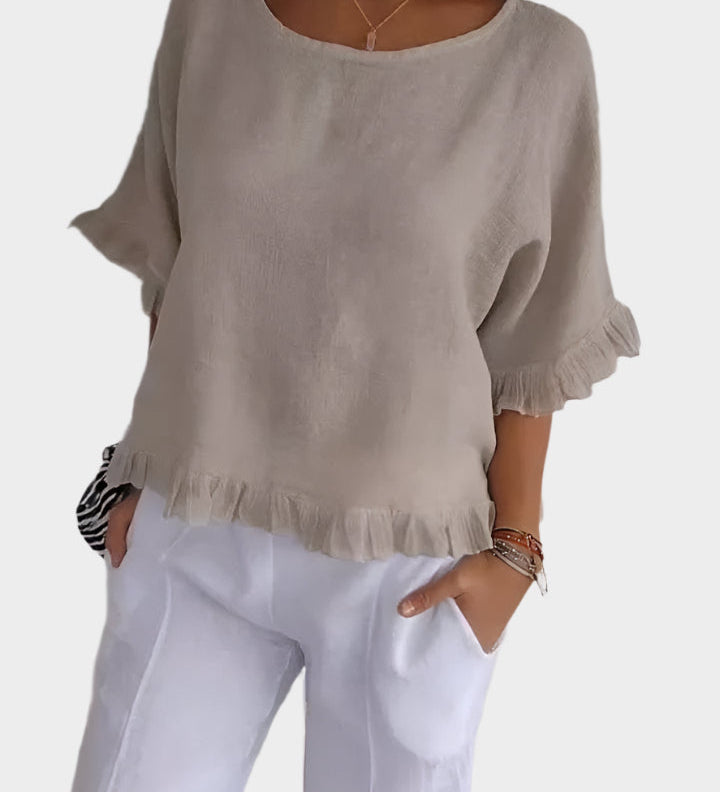 Zračna Lanena Bluza z Šivi in Volančki