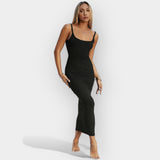 Midi obleka z odprtim hrbtom in stilom