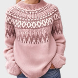 Pleteni pulover z visoko ovratnico in vzorcem
