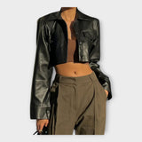 Kratka Usnjena Jakna z Žepi