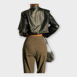 Kratka Usnjena Jakna z Žepi