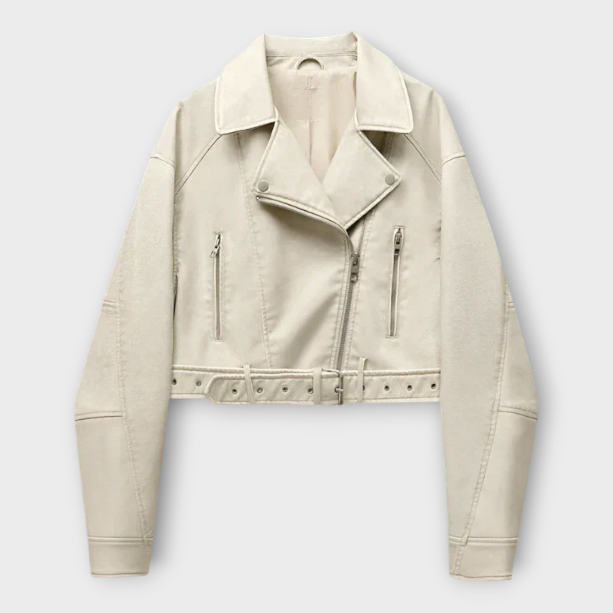 Moderna kratka usnjena jakna z pasom in izčiščeno estetiko