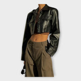 Kratka Usnjena Jakna z Žepi