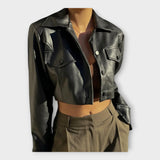 Kratka Usnjena Jakna z Žepi