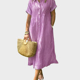 Črtasta Srajčna Obleka z Ovratnikom, Gumbi in Funkcionalnimi Žepi