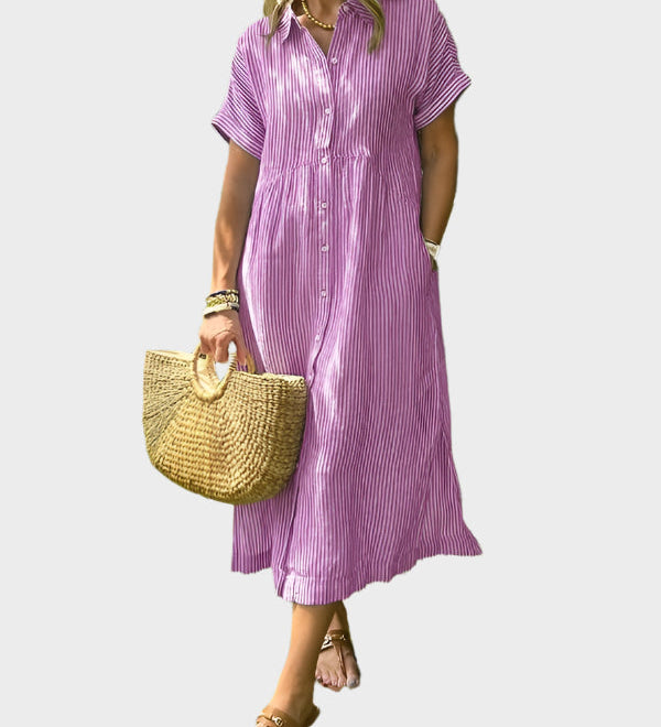 Črtasta Srajčna Obleka z Ovratnikom, Gumbi in Funkcionalnimi Žepi