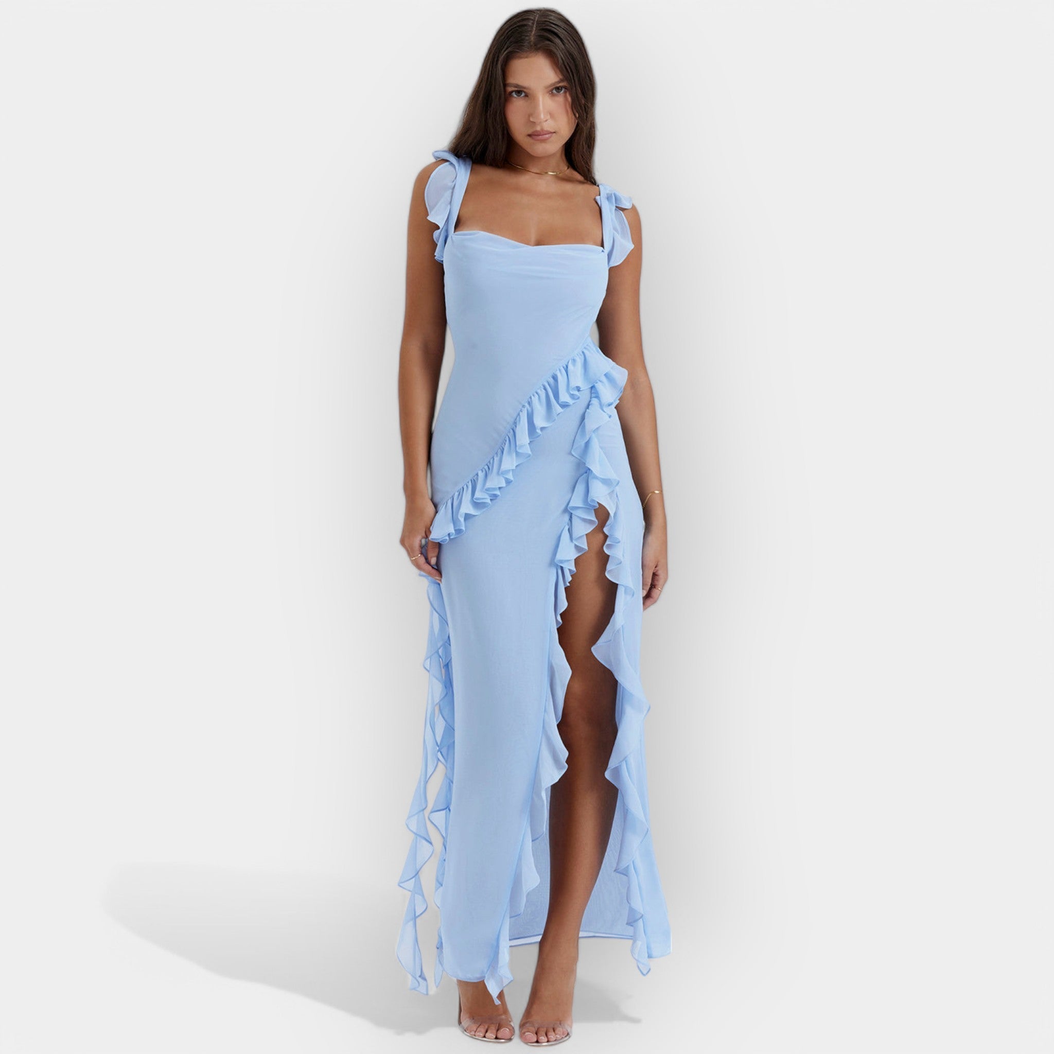 Obleka z Razporkom in Prilagojenimi Volani