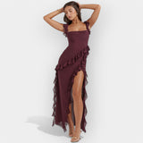 Obleka z Razporkom in Prilagojenimi Volani