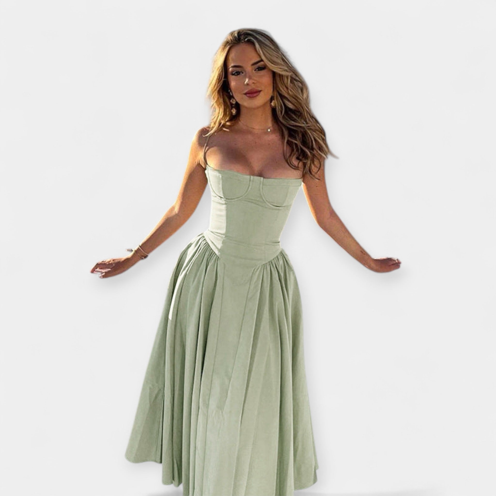 Retro Midi Obleka z Tankimi Naramnicami