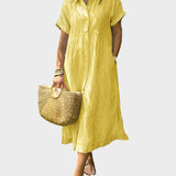 Črtasta Srajčna Obleka z Ovratnikom, Gumbi in Funkcionalnimi Žepi