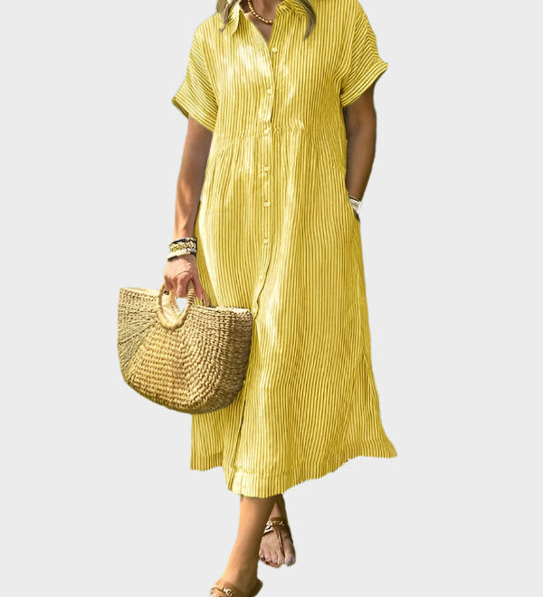 Črtasta Srajčna Obleka z Ovratnikom, Gumbi in Funkcionalnimi Žepi