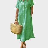 Črtasta Srajčna Obleka z Ovratnikom, Gumbi in Funkcionalnimi Žepi