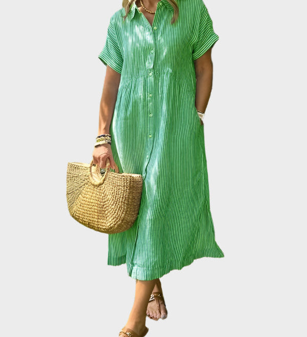 Črtasta Srajčna Obleka z Ovratnikom, Gumbi in Funkcionalnimi Žepi