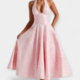 Midi obleka z odprtim hrbtom in korzetno zasnovo