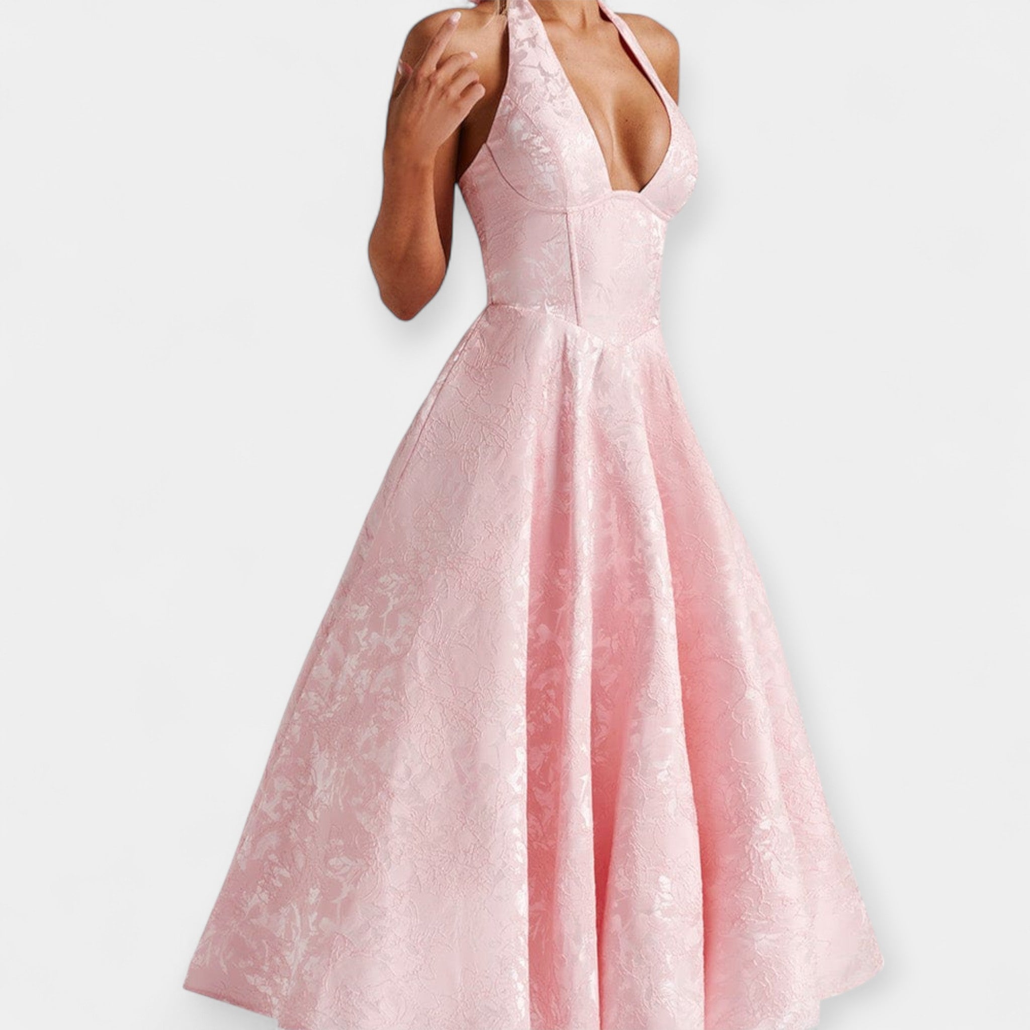 Midi obleka z odprtim hrbtom in stiliziranim korzetom