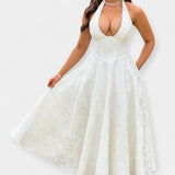 Midi obleka z odprtim hrbtom in stiliziranim korzetom