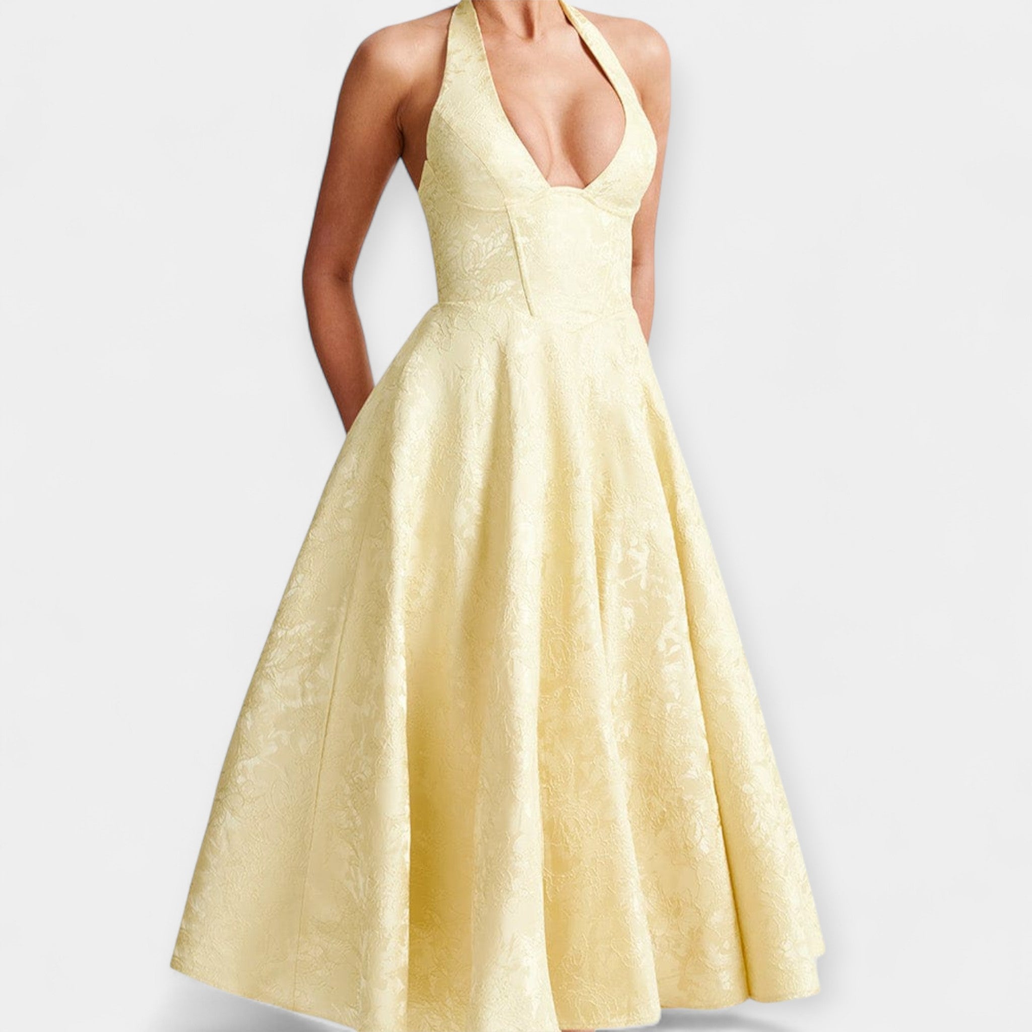 Midi obleka z odprtim hrbtom in korzetno zasnovo